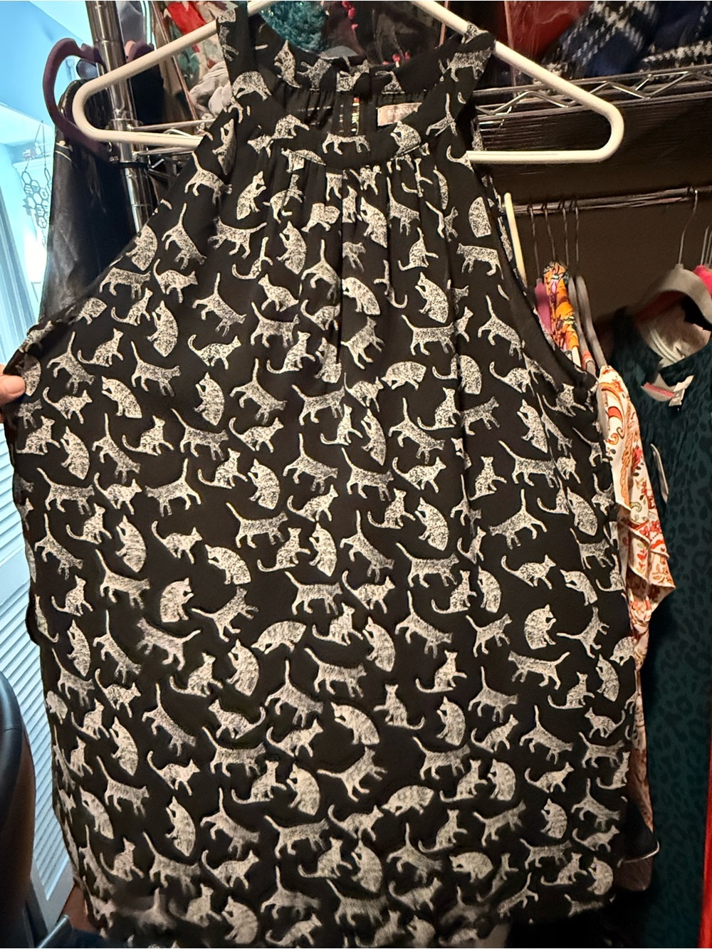 Banana Republic Black Sleeveless Top with White Cat Motif